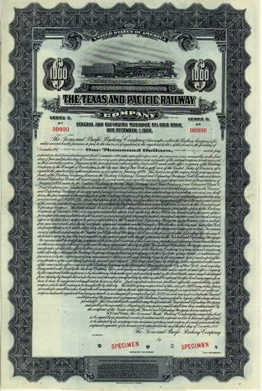 Image of T&P  Scripophily - Stock Certificate Specimen $1000