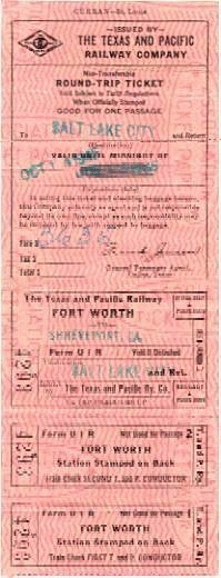Image of T&P  Tickets - 1945 Ticket - Shreveport to Salt Lake City on July 15th
