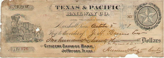 Image of T&P  Scripophily - 1877 Check
