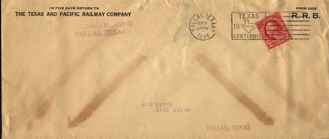 Image of T&P  Scripophily - Envelope c1936 - Note Texas Centennial Cancel