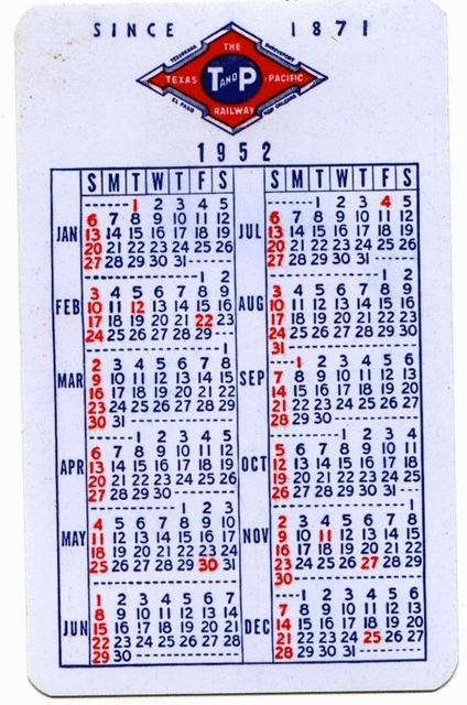 Image of T&P  Miscellany - 1952 Pocket Calendar - reverse