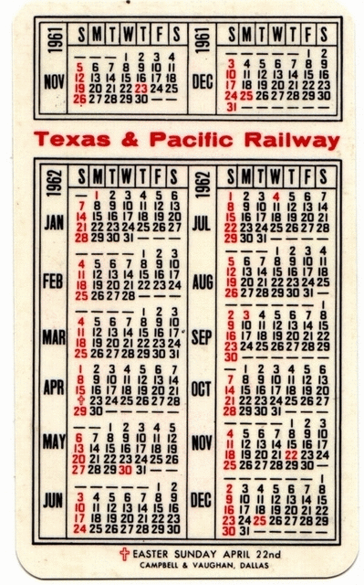 Image of T&P  Miscellany - 1962 Pocket Calendar - reverse
