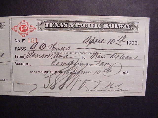 Image of T&P  Tickets - 1903 Trip Pass