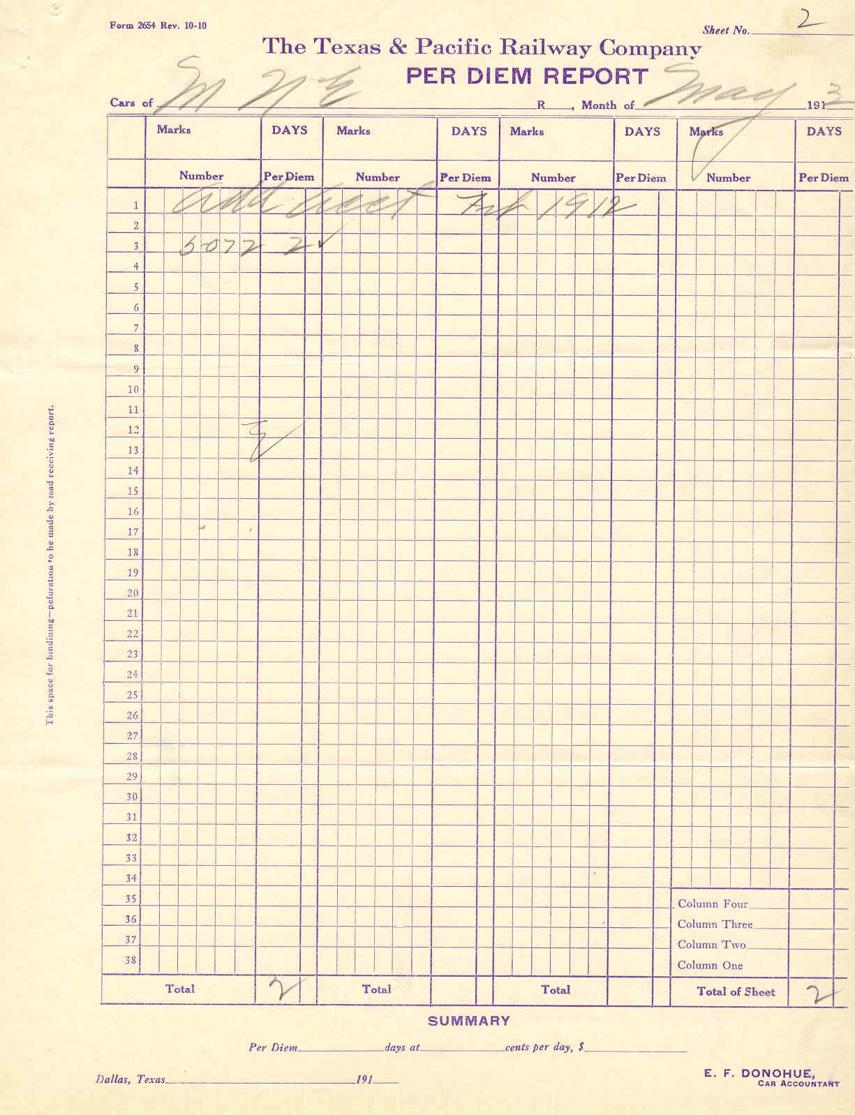 Image of T&P  Scripophily - 1913 Per Diem Statement