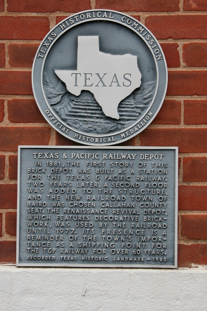 Image of T&P Stations & Structures in Texas & Pacific Railway Depot plaque, Baird, TX
