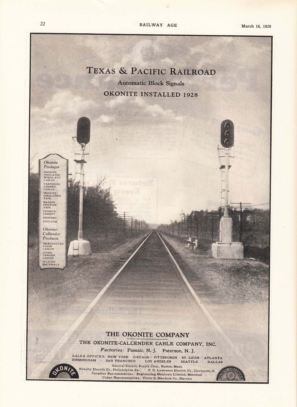 Image of T&P  Advertisements - Texas & Pacific Railroad - Automatic Block Signals - Okonite isntalled 1928