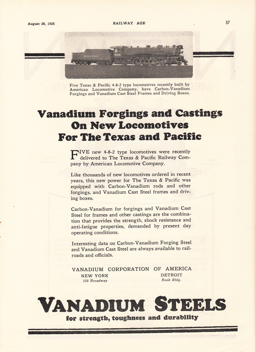 Image of T&P  Advertisements - Vanadium forgings and castings on new locomotives for the Texas and Pacific