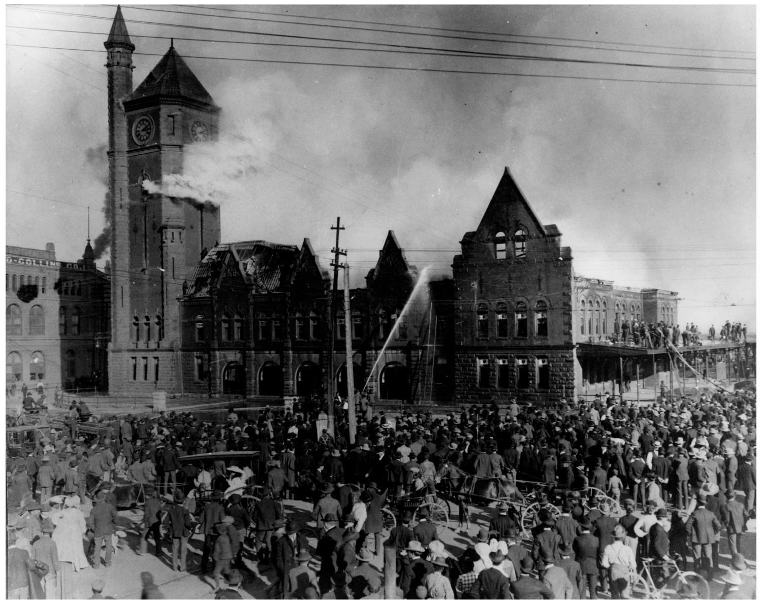 Image of T&P Stations & Structures in First Texas and Pacific Railway Station on Fire