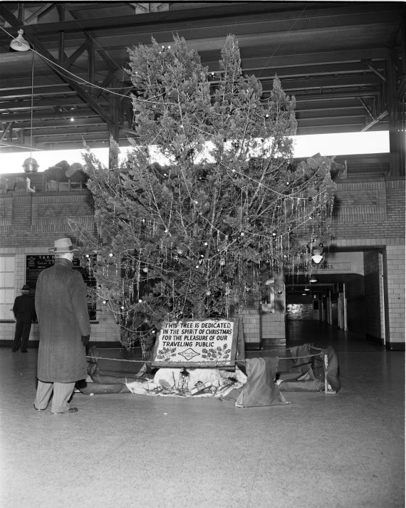 Christmas tree in lobby, 1949