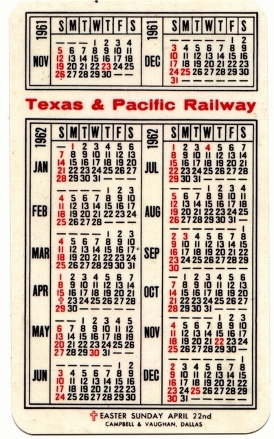 1962 Pocket Calendar - reverse