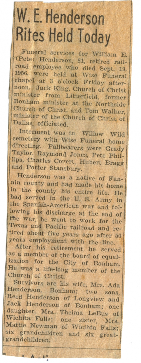 Obituary of WE Henderson