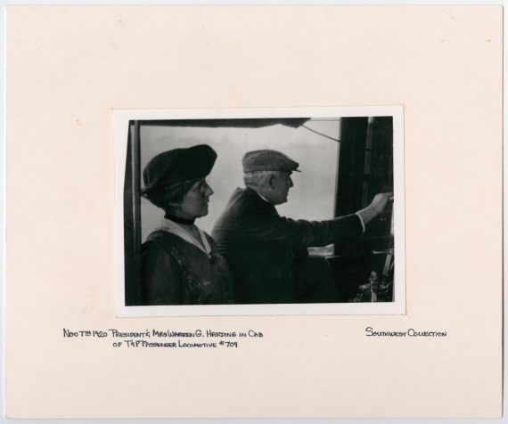 Photo of President & Mrs. Harding in the Cab of a Passenger Train
