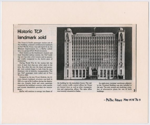 Newspaper Article About the Sale of T&P Station in Fort Worth